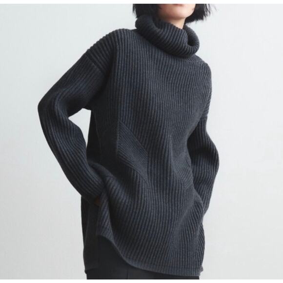 Thakoon Charcoal Grey Chunky Turtleneck Ribbed Oversized Tunic Sweater Large - Picture 1 of 10